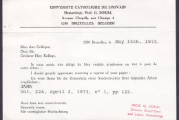 Belgium UNIVERSITE CATHOLIQUE DE LOUVAIN Hematology Blood-Bank G. SOKAL, BRUXELLES 1973 Card Carte TEXAS USA - Lettres & Documents