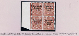 Ireland 1922-23 Thom Saorstát 3-line Overprint In Blue-black On 1½d Brown, Marginal Block Of 4 Fresh Mint Unmounted - Ongebruikt