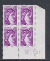 France N° 1969 Type Sabine : 50 C. Violet  En Bloc De 4 Coin Daté  Du  30 . 1 . 81 ;  2  Trait, Sans Charnière, TB - 1970-1979