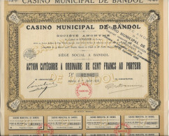 CASINO MUNICIPAL DE BANDOL - ACTION CATEGORIE- A -DE CENT FRANCS  ANNEE 1930 - Casino