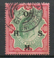 India KEVII 1909 10 Rupees Green & Carmine, Wmk. Star, On HMS Official, Used, SG O70 (E) - 1902-11 Roi Edouard VII