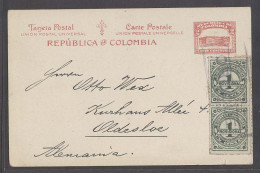 COLOMBIA. 1929 (10 Jan). Orocue - Germany. 2c Red Stat Card + 2 Adtl Pair 1c Green Provisionals / Tied. Fine Usage. - Colombia