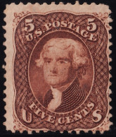 Us 1862 / 5 Cent Jefferson  Scott 75 Reddish Brown / VF Unused Stamp CV $2100 - Neufs