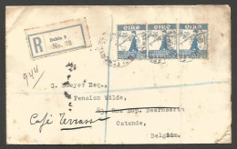 EIRE. 1931 (5 Aug). Dublin - Belgium, Ostende (8 Aug). Reg Multifkd Env 2p Blue Horiz Strip Of Three. Via Isdleworth. - Used Stamps