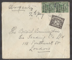 EIRE. 1922 (Oct). Fkd Env To London, UK With 1/2d Green Vert Pair Ovptd Issue Urgent Manuscript 2 To Pay GB 2d Tied Post - Usati