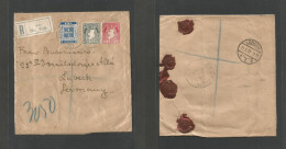 EIRE. 1932 (Sept) Cork - Germany, Lubeck (11 Sept) Registered Tricolor Hand Made Envelope Bearing 3p Blue. International - Oblitérés