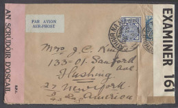 EIRE. 1943 (26 March). Cathair Na Mari - USA / Flushing. Air Fkd Env Dual Censored. Fine 1sh 3d Rate Label. - Used Stamps