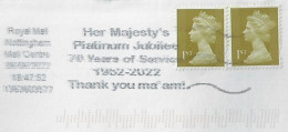 Great Britain 2022 Cover Nottingham Stamp Machin 1st Queen Elizabeth II Her Majesty's Platinum Jubilee 70 Years Service - Cartas & Documentos