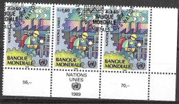 O.N.U. GINEVRA - 1989 - BANCA MONDIALE - FR. 1,40- STRISCIA DI 3 VALORI ANGOLO DI FOGLIO -USATO (YVERT 174 - MICHEL 174) - Oblitérés