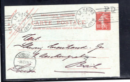 1912 ,carte Entier 10 C.  Semeuse, ,Perfin " PD " , De  " LE HAVRE " Pour La Suisse ,rare! #1551 - Storia Postale