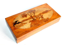 MAGNIFIQUE GRAND COFFRET BOITE MARQUETÉ BOIS SCULPTÉ FAIT MAIN PAYSAGE 28x14x5,5cm / ART DECORATIF ANTIQUE (0603.13b) - Dozen