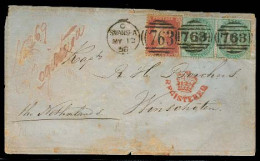 GREAT BRITAIN. 1856 (13 May). Swansea - Netherlands / Winschoten. Reg Multifkd E Bearing 1d Red + 1sh Pair / 763 + Mns + - ...-1840 Precursori