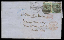 GREAT BRITAIN. 1867 (23 Apr). Manchester - URUGUAY. Frkd EL Carried By French Steamer Via Bordeaux Frkd 1sh Emblems (x2) - ...-1840 Prephilately