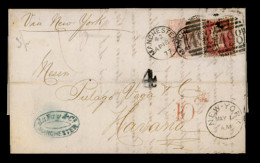 GREAT BRITAIN. 1877 (April 18). GB - USA - CUBA. Mancheter To Havana / Cuba. Via New York, Where "10 Cts." Red Charge Ap - ...-1840 Vorläufer