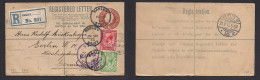 Great Britain - Stationery. 1913 (19 Sept) Hanley, Staffordshire - Germany, Berlin (22 Sept) Registered 3d Brown + 2 Adt - ...-1840 Precursores