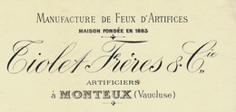 1891 MONTEUX Vaucluse VILLE DES ARTIFICIERS  MANUFACTURE DE FEUX D'ARTIFICES Tiolet Frères B.E.VOIR SCANS+HISTORIQUE - 1800 – 1899