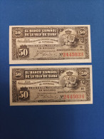 Pareja Correlativa 50 Centavos Banco Español, Isla De Cuba, Año 1896, Sc/plancha - Andere & Zonder Classificatie