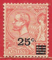 Monaco N°52 25c Sur 10c Rose 1922 (*) - Nuevos