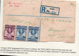 GOLD COAST -  1939 - IMPERIAL AIRWAYS REG COVER TO BYROUGH,LEBANON WITH BACKSTAMP - Goldküste (...-1957)