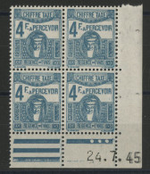TAXE N° 64 Bloc De Quatre Neuf ** (MNH) 4 Fr Bleu-vert + Coin Daté Du 24/7/45 TB - Postage Due