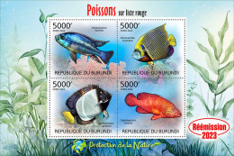 Burundi 2023, Animals, Fishes I, Re-issued, 4val In Block - Neufs