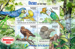 Burundi 2023, Animals, Birds, Parrots, Eagle, Owl, Re-issued, 4val In Block - Papegaaien, Parkieten