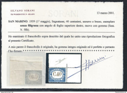 1939 SAN MARINO, Tasse N. 58b - 40 Cent Azzurro E Bruno - Senza Filigrana - MNH* - Variétés Et Curiosités