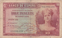 ESPAGNE - 10 PESETAS 1935 - Femme Couronnée Allégorie De La République N° Série A2066459 Série A - 10 Peseten