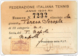 1934 TESSERA FEDERAZIONE ITALIANA TENNIS - Tarjetas
