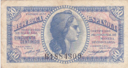 ESPAGNE - ESPAÑA - BILLET 50 Centimos GUERRE CIVILE FRANCO 1937 - Série B 1884309 - 1-2 Pesetas