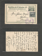 SALVADOR, EL. 1927 (30 Apr) Jucuapa - Germany, Apolda 2c Ovptd Green Stat Card + Adtl. VF Cds. - Salvador