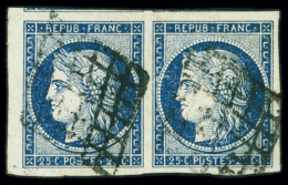 Obl N°4a 25c Bleu Foncé, Paire Avec Voisin En Haut Et Petit Bdf à Gauche, Plus N°3a 20c Noir En Paire, Les Deux Obl. Gri - 1849-1850 Ceres