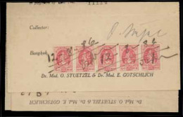 SIAM. 1943. A Receipt Of Doctor Med. O. Stuetzel With A Strip Of 5 Of Red Revenue Stamp  (tied By Date In Pen). War Time - Siam