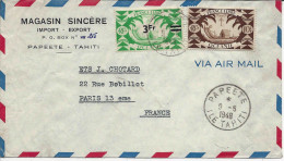 1948 Papeete Timbre à 10 Fr Pirogue FRANCE LIBRE Et Timbre Surchargé 3 Fr.par Avion Pour Paris - Covers & Documents