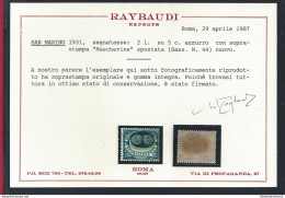 1931 SAN MARINO, Tasse N° 44b MNH/** Cert. Raybaudi - Plaatfouten En Curiosa