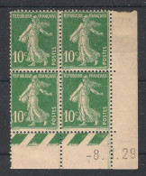 FRANCE - 1925 - N°YT. 159 - Type Semeuse Camée 10c Vert - Bloc De 4 Coin Daté - Neuf * / MH VF - ....-1929