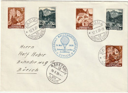 Liechtenstein 1939: BALLON-WETTFLIEGEN ZÜRICH Zu 126+129+131 Mi 156+159+161 Ab VADUZ 12.V.39 Bis BÄRETSWIL 14.V.39 - Poste Aérienne