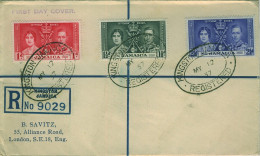 JAMAICA KGVI 1937 Coronation SG  118-20 On Registered First Day Cover To London - Jamaica (...-1961)