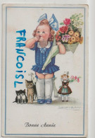 Bonne Année. Petite Fille, Fleurs, Poupée, Chien, Chats. 1951 - Mauzan, L.A.