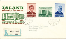 Iceland Registered FDC 6-10-1961 University Of Iceland Complete Set Of 3 With Cachet - FDC