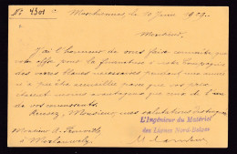DDFF 823 -- Griffe Violette " L'Ingénieur Du Matériel Des Lignes NORD-BELGE " S/Entier Ambulant LIEGE ERQUELINNES 1909 - Nord Belge