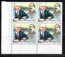 ITALIA REPUBBLICA ITALY REPUBLIC 1991 GIORNATA DELLA FILATELIA ALBERTO E GIULIO BOLAFFI QUARTINA ANGOLO DI FOGLIO MNH - 1991-00: Nieuw/plakker