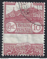 1903 SAN MARINO, N. 36b, Veduta 10 Cent. Carminio, Francobollo Usato, Varietà Non Quotata - Abarten Und Kuriositäten