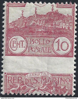 1903 SAN MARINO, N. 36b Veduta 10 Cent. Carminio MNH/** VARIETA' - Abarten Und Kuriositäten