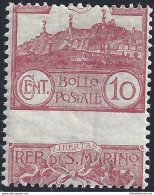 1903 SAN MARINO, N. 36b Veduta 10 Cent. Carminio MNH/** VARIETA' - Errors, Freaks & Oddities (EFO)