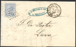 18 Outremer Violacé D15 Pl II Sur Lettre Obli. LP 374 CàD Verviers (A)(1) Du 9 Mars 1869 (Lot 401) - 1865-1866 Profiel Links