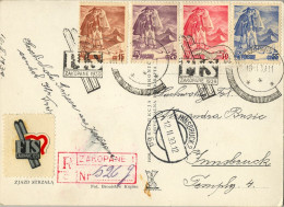 1939 ZAKOPANE / INNSBRUCK , YV. 422 / 425 - CAMPEONATOS DEL MUNDO DE SKI , TARJETA CONMEMORATIVA ESPECIAL , CIRCULADA - Cartas & Documentos