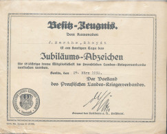 Verleihungszeugnis 25 Jahre Mitgliedschaft Im Preußischen Landes-Kriegerverband 1932 - Non Classés