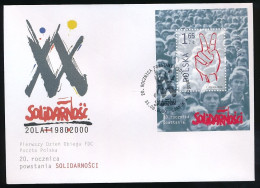 POLAND FDC 2000 SOLIDARITY SOLIDARNOSC 20TH ANNIV OF THE TRADE UNION MS V FOR VICTORY SIGN 2 FINGERS GDANSK DANZIG - Solidarnosc Labels