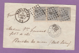 LETTRE DE BRUXELLES AVEC COB 3 X NO 17 POUR PLACHER LES MINES,CACHET "BELGIQUE A QUIERVAIN" ET AUTRES,,1866. - 1865-1866 Perfil Izquierdo